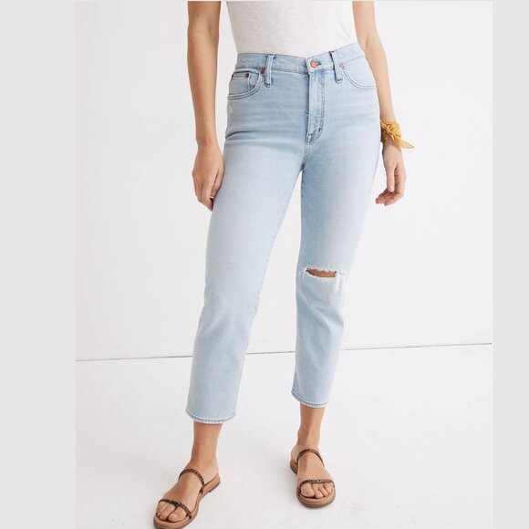 Madewell Tall Mid-Rise Classic Straight Jeans Wellingford Wash Knee-Rip Edition - Picture 1 of 7